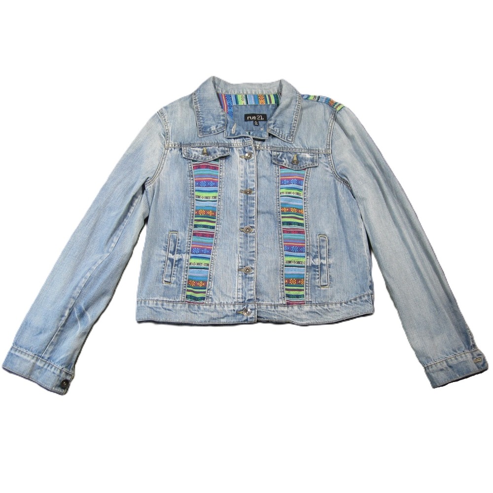 Rue 21 Denim Jacket XL Light Wash Colorful Embroidered Boho Hippie Y2K Festival